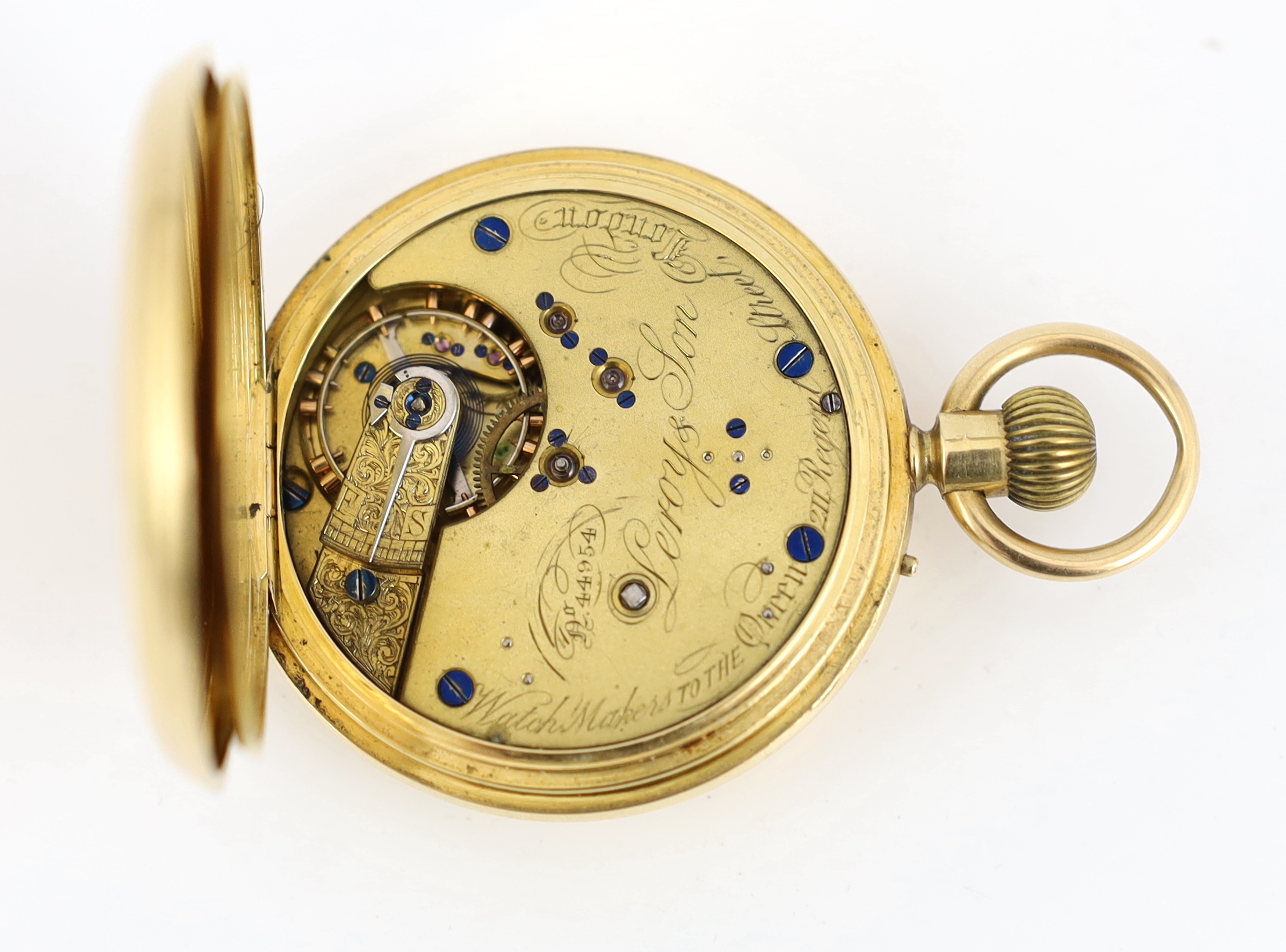 A Victorian 18ct gold keyless half hunter pocket watch by Leroy & Son